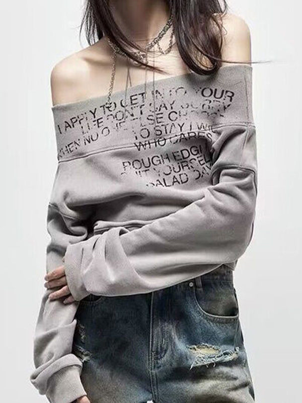 Gray Vintage Letter Print Off Shoulder Sweatshirt