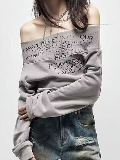 Gray Vintage Letter Print Off Shoulder Sweatshirt