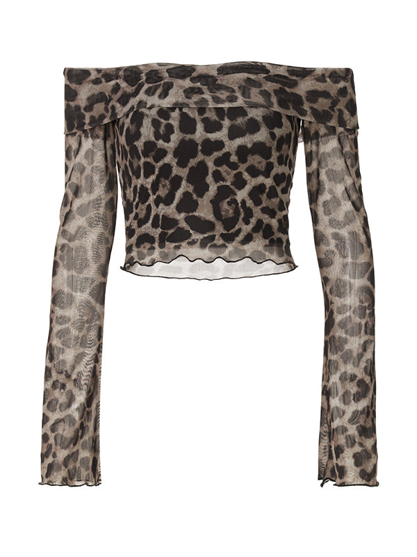 Y2k One Shoulder Leopard Print Long Sleeve Tee