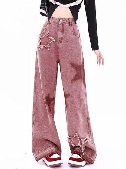 Roze hippe boyfriend jeans met popsterrenprint en borduursel