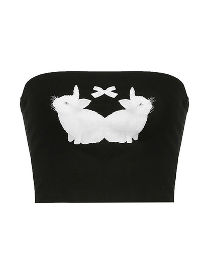 Black Y2K Rabbit Print Bow Bandeau Top