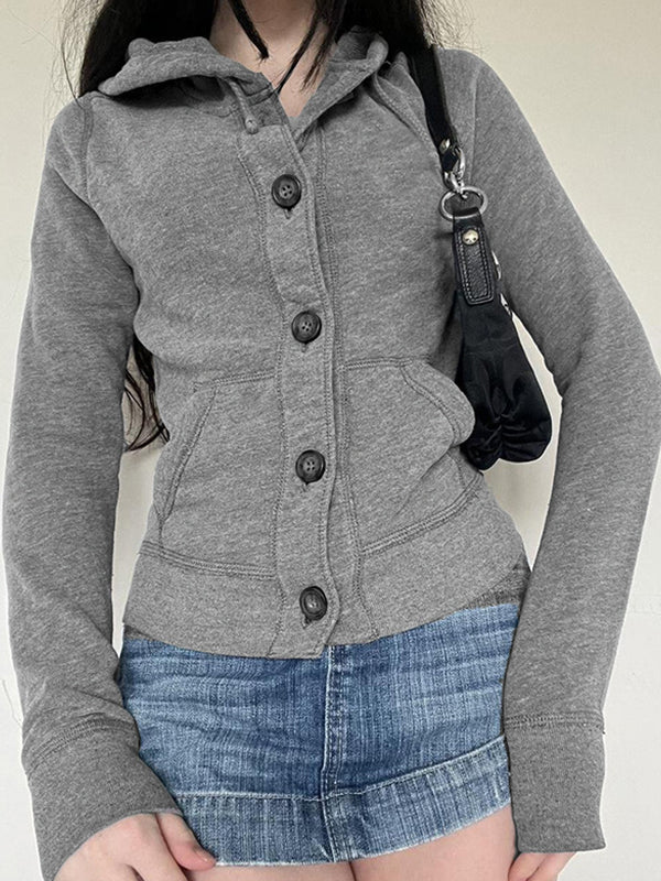 Gray Vintage Simple Style Buttoned Drawstring Hooded Jacket