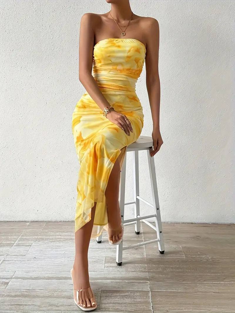 Yellow Floral Print Off Shoulder Backless Split Bodycon Tube Maxi Dress