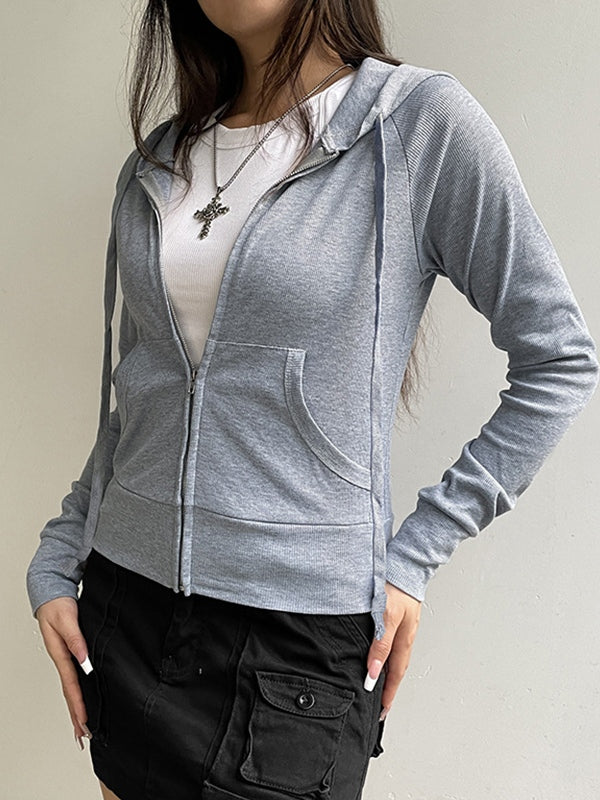 JY Grey Vintage Ribbed Zip Up Drawstring Lange Mouw Hoodie