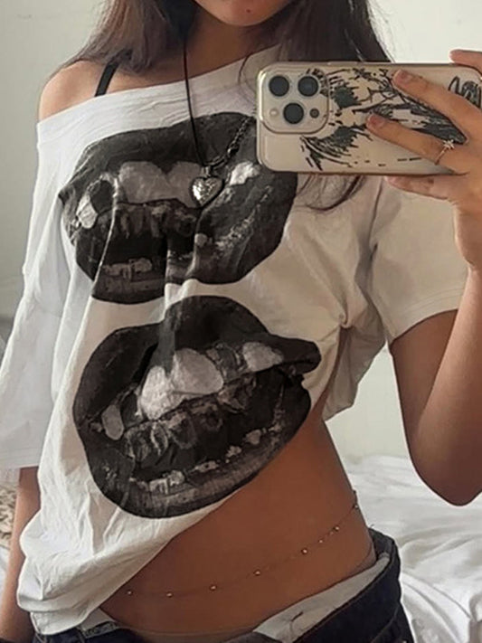 White Vintage Lips Print Oversized Short Sleeve Tee