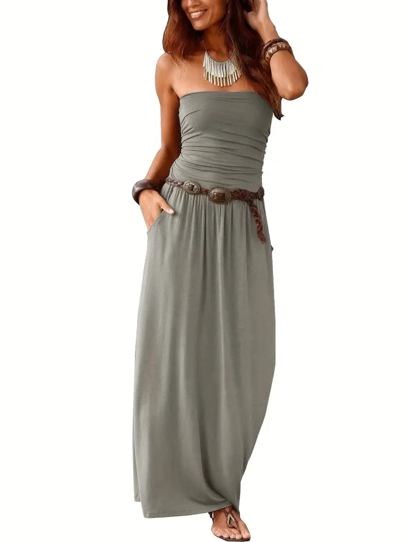 Vintage effen kleur veelzijdige strapless maxi-jurk met zakken