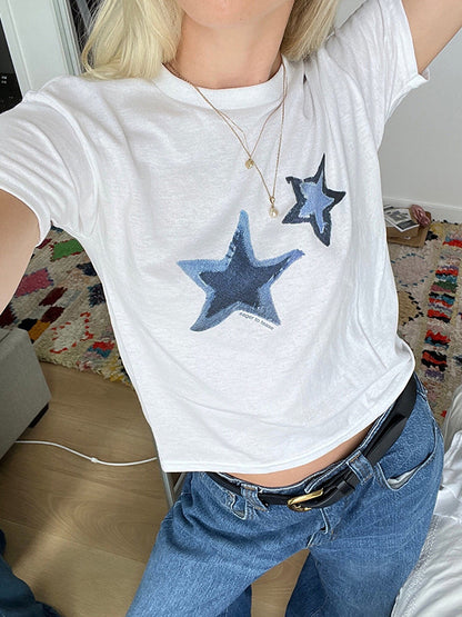 JY Wit Y2K T-shirt met korte mouwen en sterrenprint