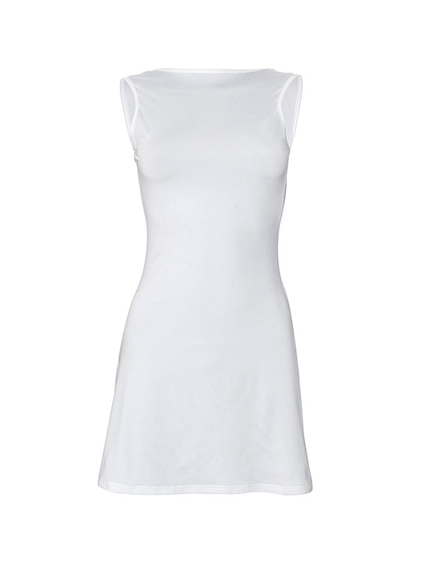 Witte Franse mouwloze backless mini-jurk met ruches