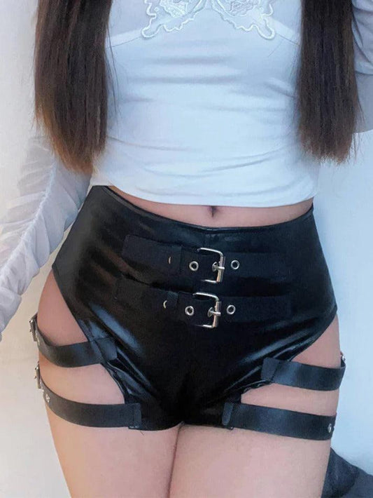 Black Punk Leather Hollow Shorts with Buckle