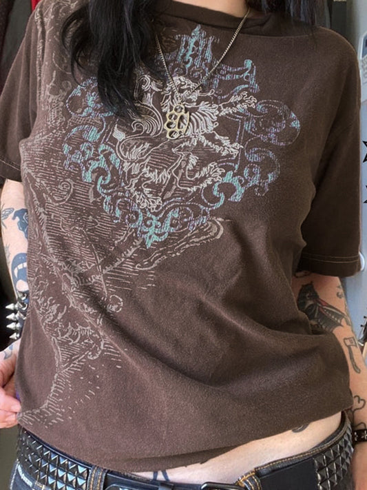 JY bruin punk oversized T-shirt met korte mouwen en print