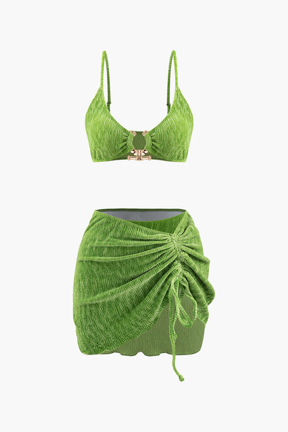 Effen kleur vintage fluweel getextureerde U-ring bikini &amp; sarong 3-delige set