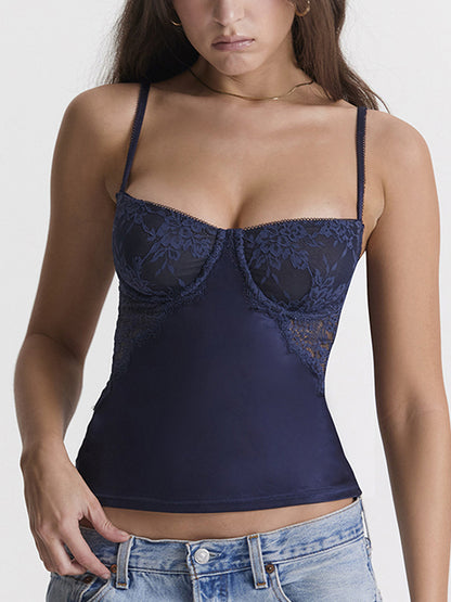 Haut corset slim bleu marine transparent en dentelle épissure