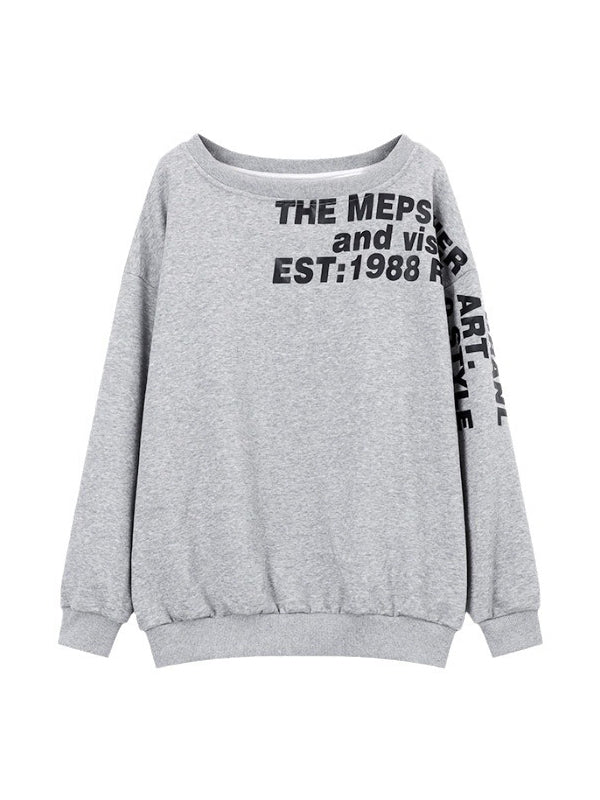 Gray Y2k Letter Printed Off Shoulder Loose Sweatshirt