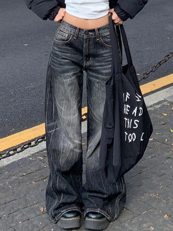 Black Vintage High Street Wide Leg Boyfriend Jeans