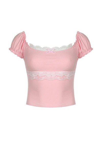 Roze Y2K crop top met pofmouwen en kanten rand