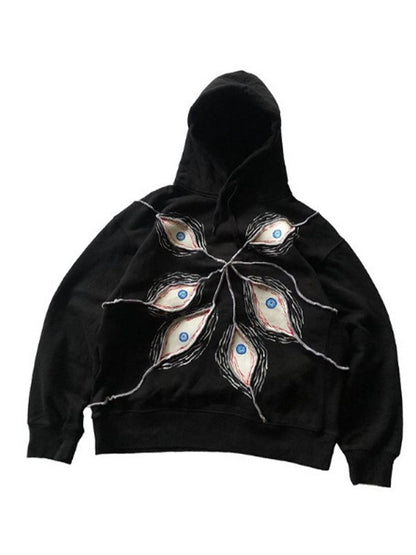 Black Vintage Eye Pattern Oversized Hoodie