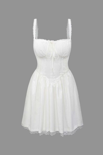 White Lace Trim Tie Back Slip Mini Dress