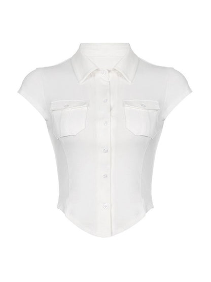 White Y2K Pocket Button Down Cropped Blouse