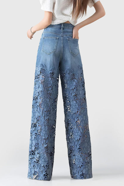 Sky Blue 2000s Lace Cut Out Patchwork Wide Leg Jeans