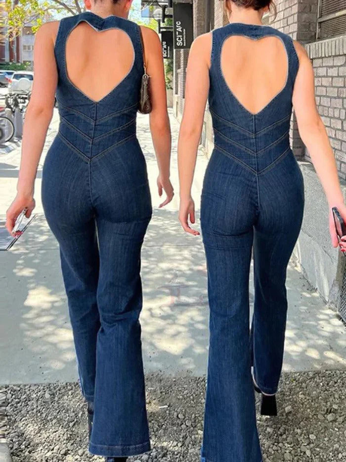 Vintage denim jumpsuit met hoge taille en rugloze ritssluiting