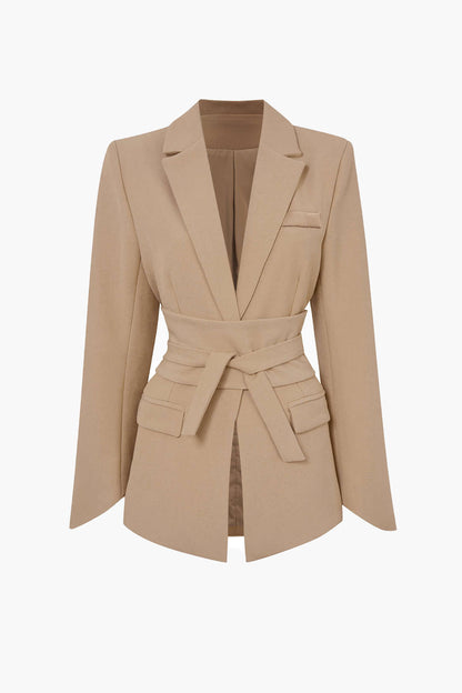 Solid Color Basic Notched Lapel Belted Blazer