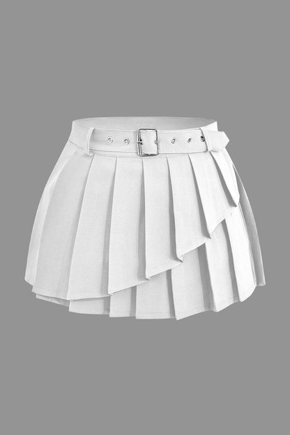 Solid Color Y2K Buckle Layer Pleated Mini Skirt