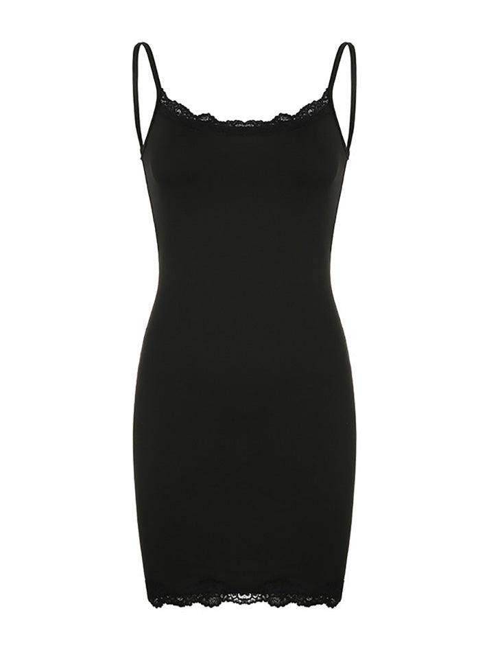 Black Spaghetti Strap Lace Trim Mini Bodycon Dress