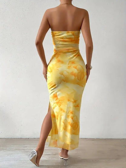 Gele bloemenprint off shoulder rugloze split bodycon tube maxi-jurk 