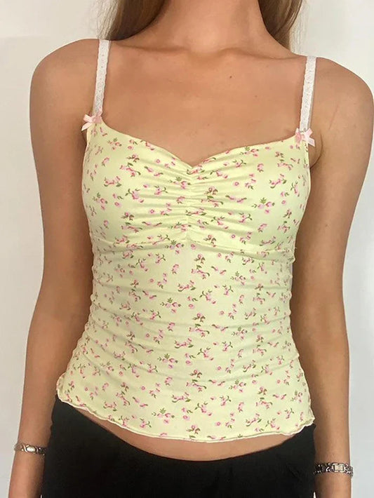 Yellow Y2K Ruched Crop Top with Floral Print