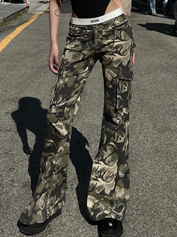 Pantalon slim évasé à imprimé camouflage rose vintage JY