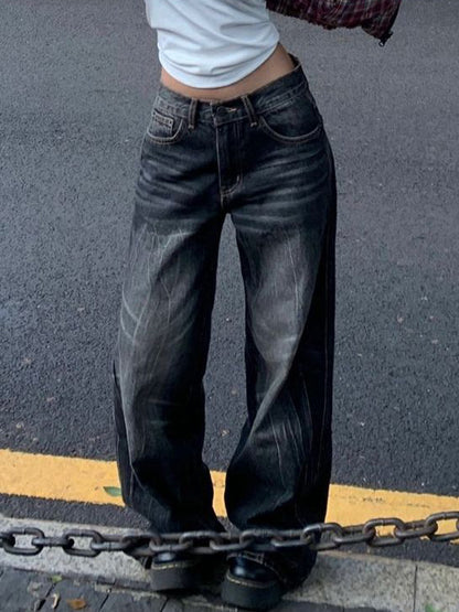 Black Vintage High Street Wide Leg Boyfriend Jeans