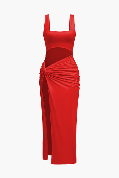 Solid Color Y2k Twist Front Cut Out Slit Midi Dress