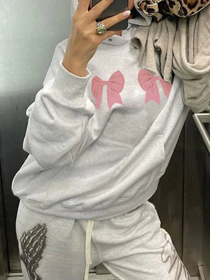 Gray Y2K Oversized Bow Print Drawstring Hoodie