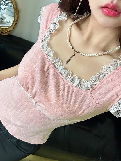 Pink Vintage Lace Trim Bow Slim Crop Top with Square Neck