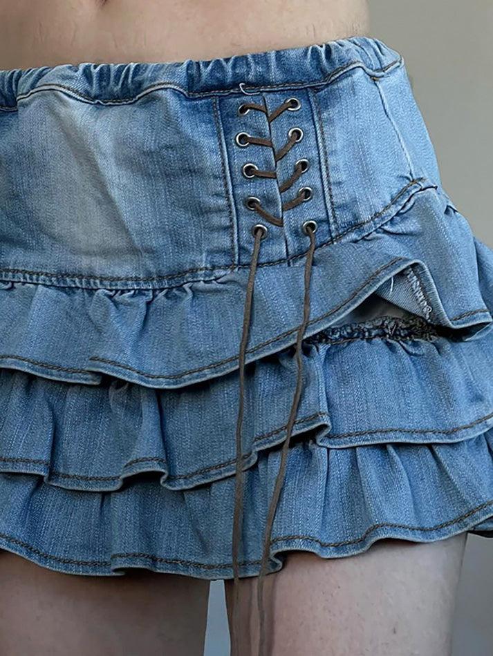 Blue Vintage Tie Up High Rise Tiered Denim Mini Skirt
