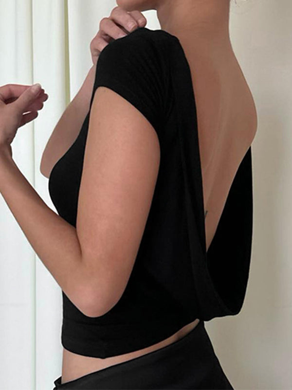 Black Y2k Backless Short Sleeve Tee