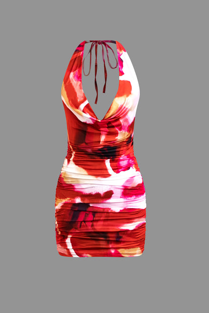 Crimson Vintage Tie Dye Halter V Neck Backless Mini Dress