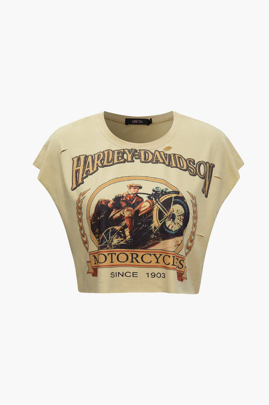 Kaki mouwloos T-shirt met retro motorfiets grafische print