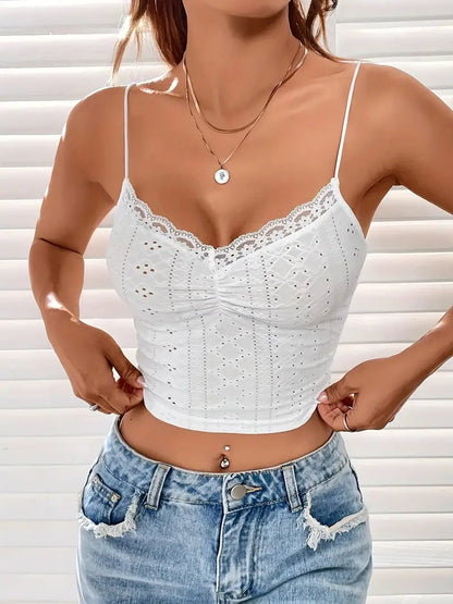 Witte Vintage Cami Top met V-hals en kanten stiksel 