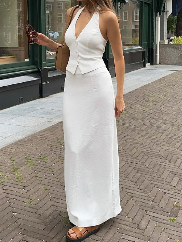 Ensemble jupe longue fendue et col en V vintage blanc dos nu à nouer