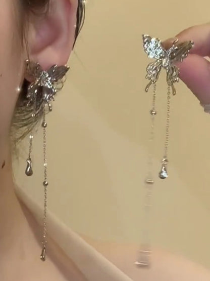 Silver Y2k Butterfly Tassel Pendant Earrings