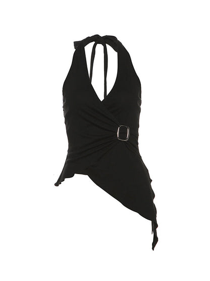 Black Vintage V-Neck Asymmetric Backless Halter Vest