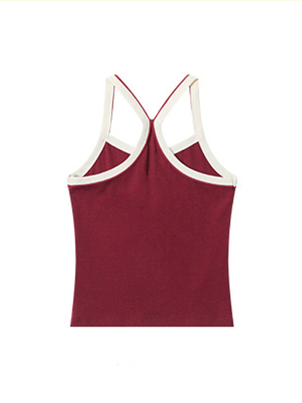 Red Retro Splicing Plain Backless Tank Top