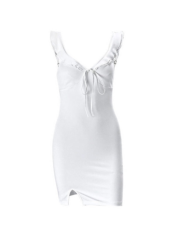 White Vintage Split V Neck Mini Dress
