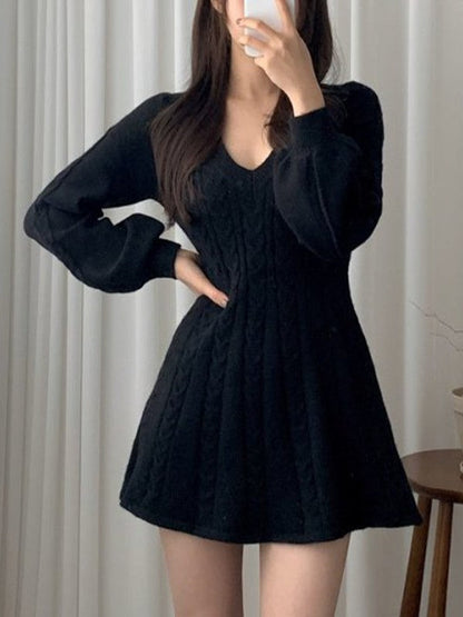 Solid Color Sweet V Neck Cable Knit Long Sleeve Mini Dress