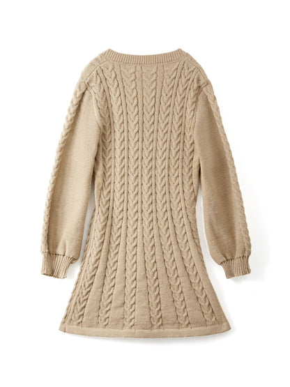 Solid Color Sweet V Neck Cable Knit Long Sleeve Mini Dress