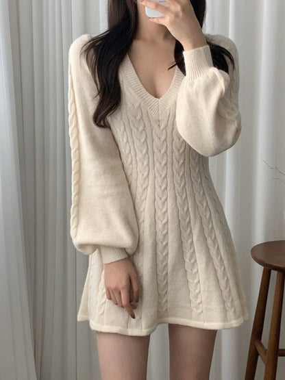 Solid Color Sweet V Neck Cable Knit Long Sleeve Mini Dress