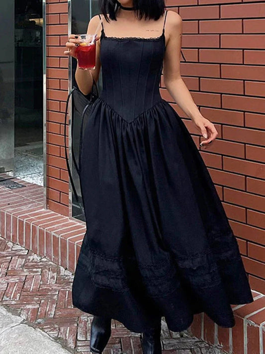 Black Vintage Lace Up Corset Maxi Dress