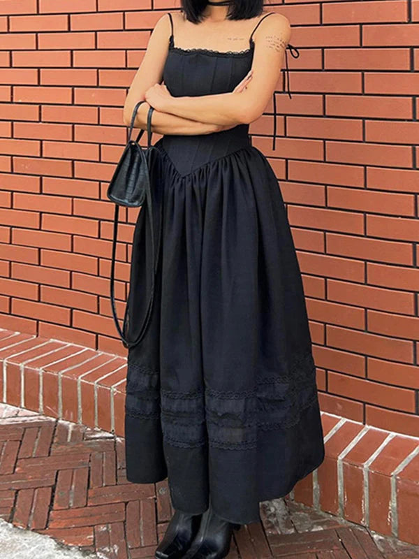 Black Vintage Lace Up Corset Maxi Dress