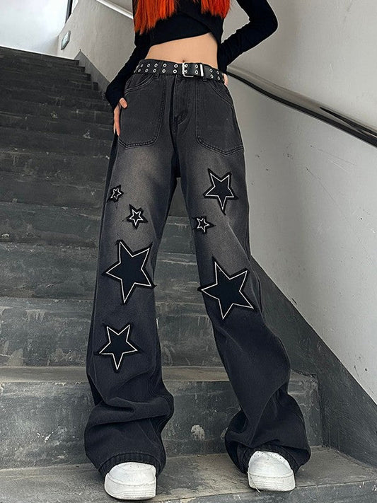 Dark Y2K Star Patch Baggy Boyfriend Jeans